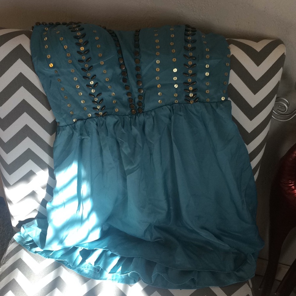 Studded strapless sage green/blue dress